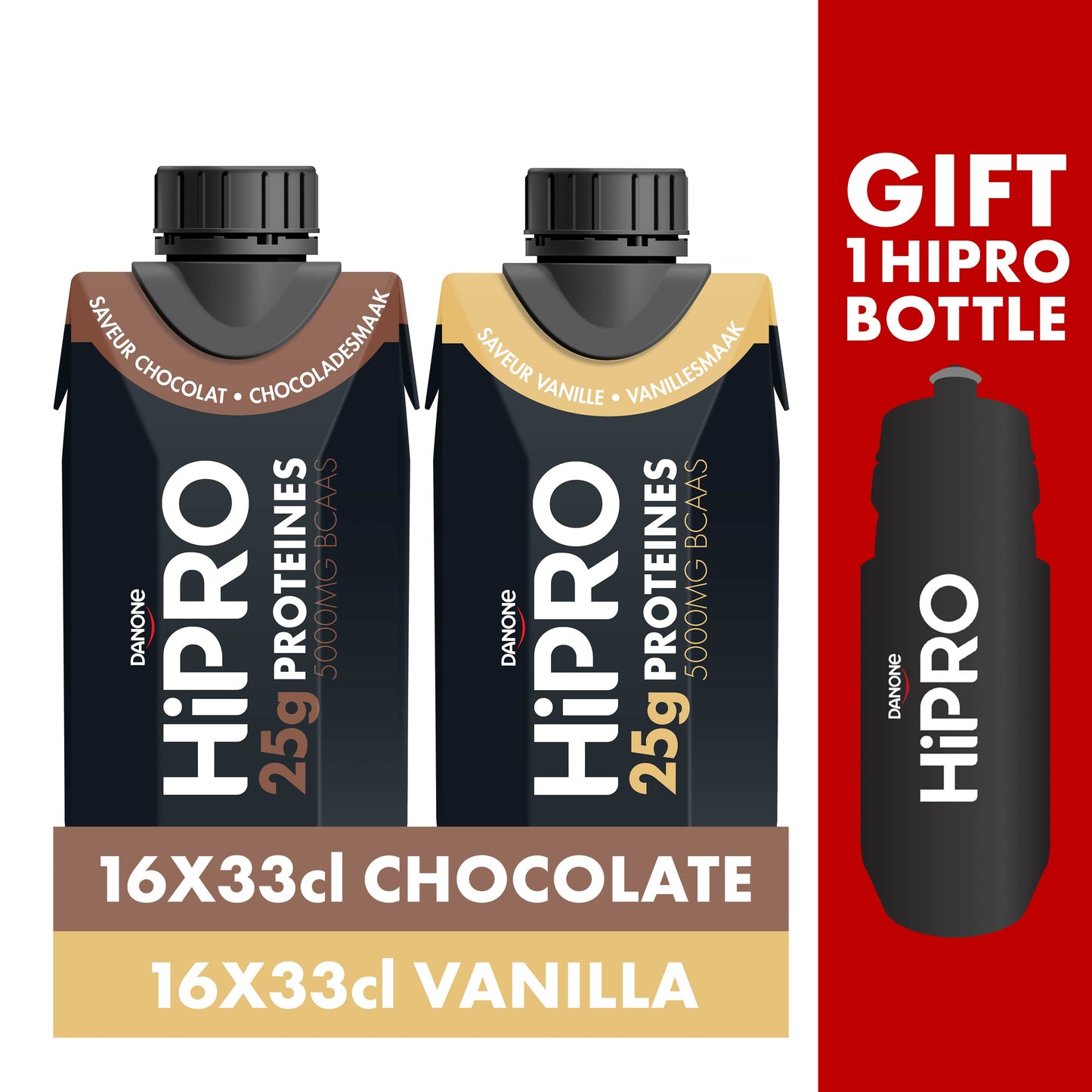 Danone - HiPRO Proteïne drank - Eiwitshake - Lactosevrij - 0% Vet - 8 x 33 cl Chocolade + 8 x 33 cl Vanille + Drinkfles Gratis - Voordeelverpakking