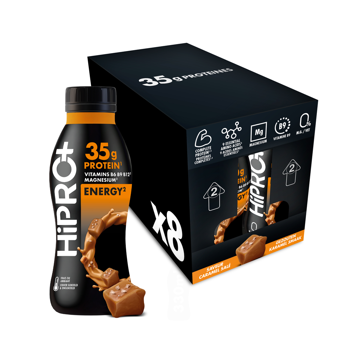 HiPRO Energy Protein Shake Gezouten Karamel - 35g proteïne, vitamine B6 B9 B12 & magnesium 330ml 