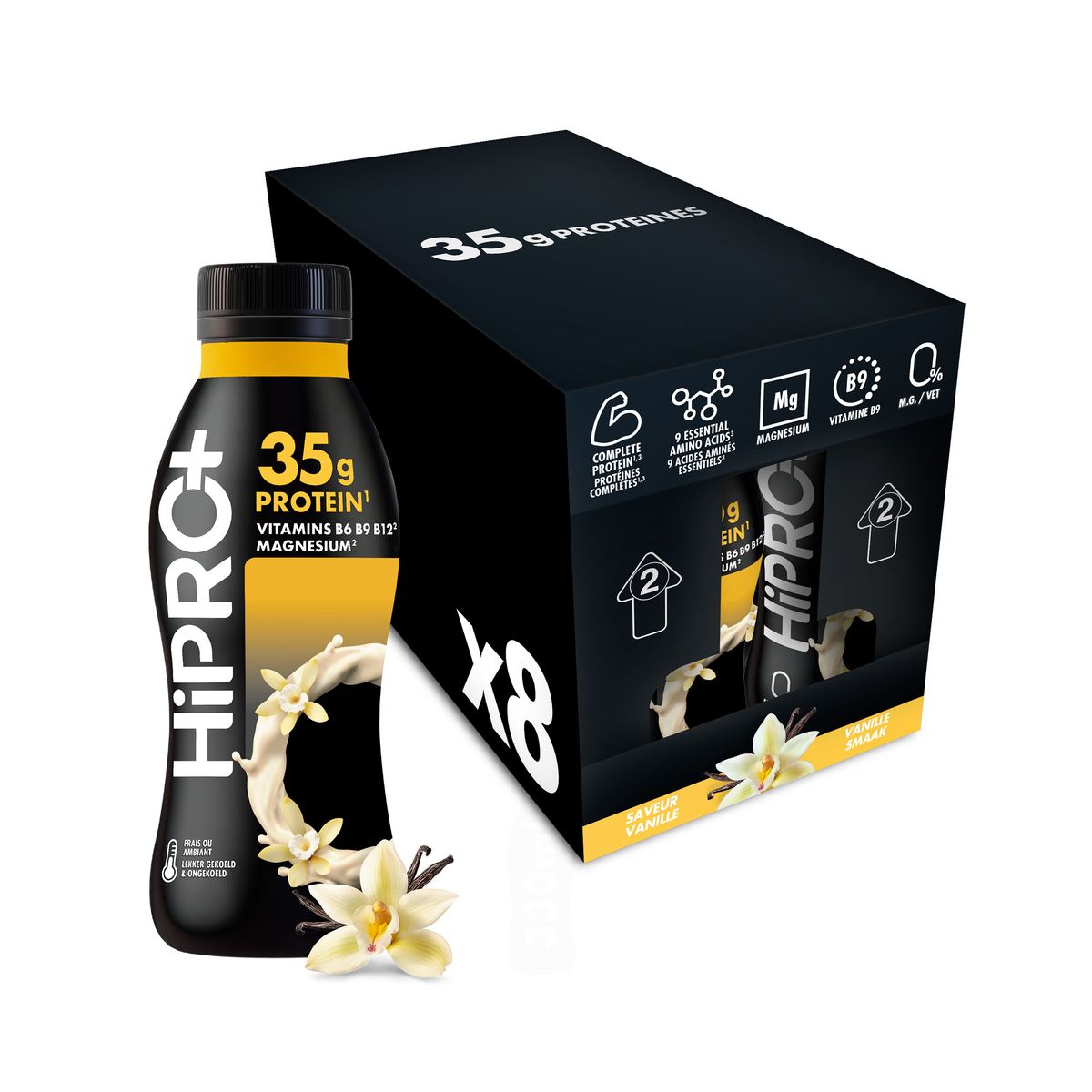 HiPRO Protein Shake Saveur Vanille – 35 g de protéines, vitamines B6 B9 B12 & magnésium 330 ml